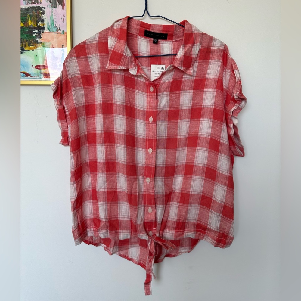 NEW Sanctuary Plaid Linen Blend Short Sleeve Cinched Waist Button Down